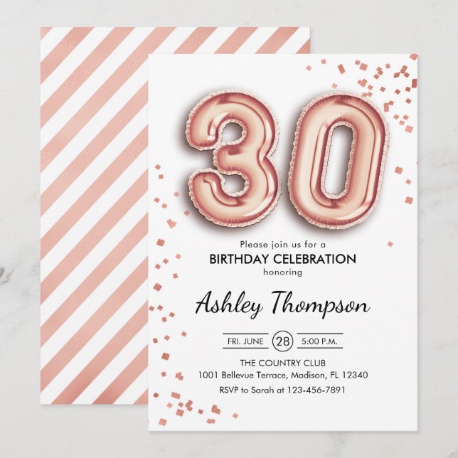 Invitación 30.º cumpleaños - Globos de oro Rosas (Anverso / Reverso)