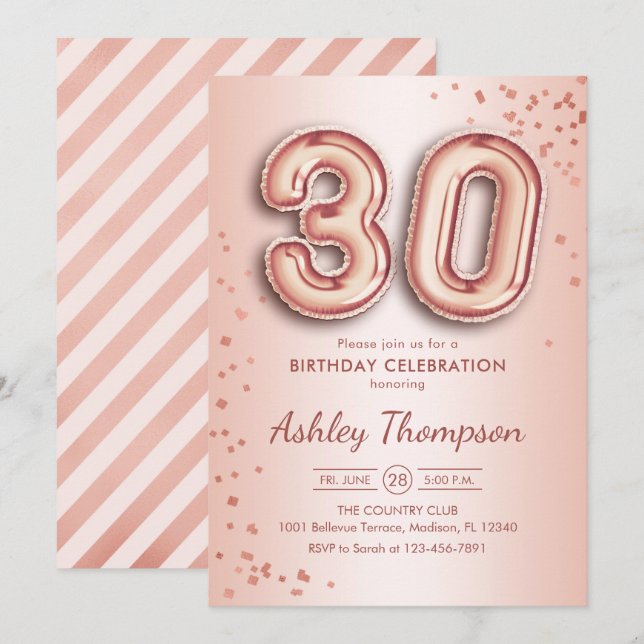 Invitación 30.º cumpleaños - Globos de oro Rosas (Anverso / Reverso)