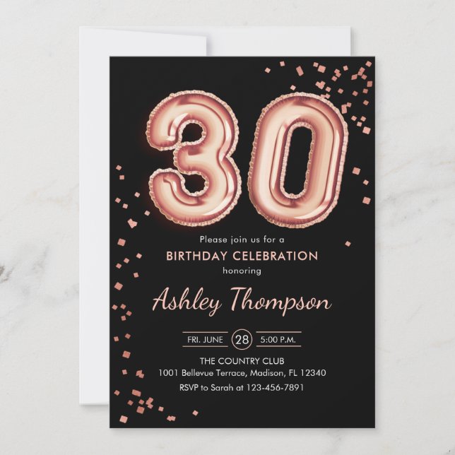 Invitación 30.º cumpleaños - Globos de oro Rosas Negro (Anverso)
