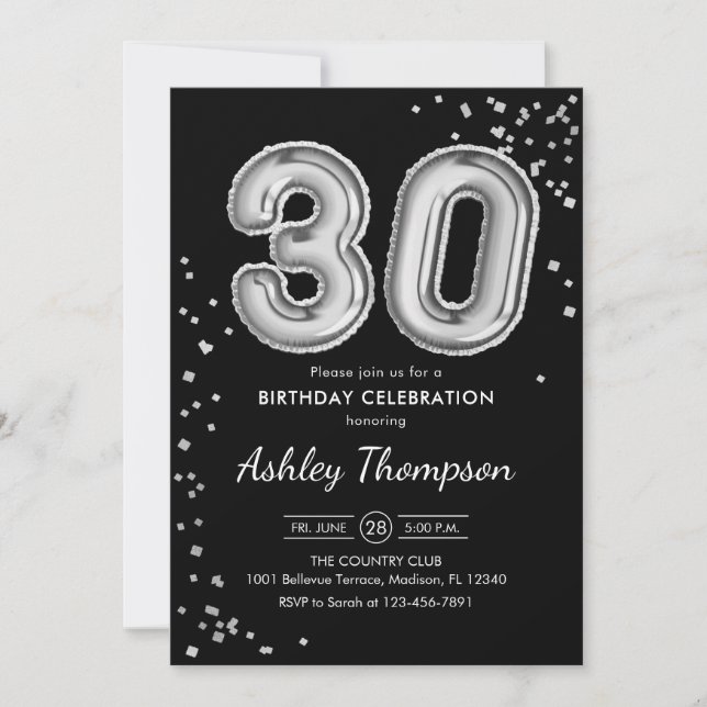 Invitación 30.º cumpleaños - Globos plateados Negro (Anverso)
