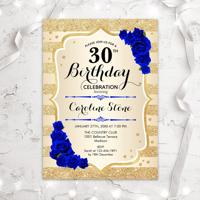 Invitación 30.º cumpleaños - Golpes de oro Rosas azules reale (Subido por el creador)