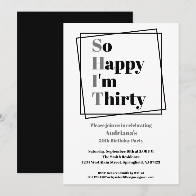 Invitación 30.º cumpleaños gracioso, tan feliz que tengo 30 a (Anverso / Reverso)