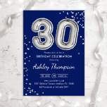 Invitación 30.º cumpleaños - Marina de los Globos Plateados<br><div class="desc">30.ª invitación a la fiesta de cumpleaños. Elegante diseño en falso purpurina plateado y azul marino. La tarjeta de invitación incluye el número de plata 30 globos y el tipo de letra del guión. Perfecto para una elegante celebración de cumpleaños. Mándame un mensaje si necesitas edad personalizado.</div>