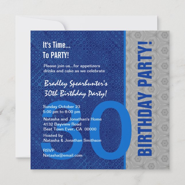 Invitación 30.º cumpleaños Moderno azul y plata S300 (Anverso)