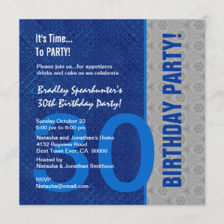 Invitación 30.º cumpleaños Moderno azul y plata S300