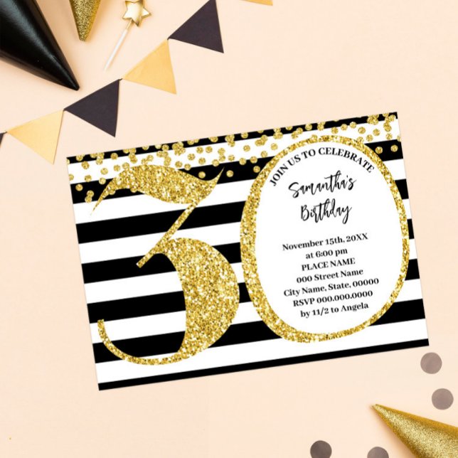 Invitación 30.º cumpleaños moderno de Purpurina de oro y blan (Subido por el creador)