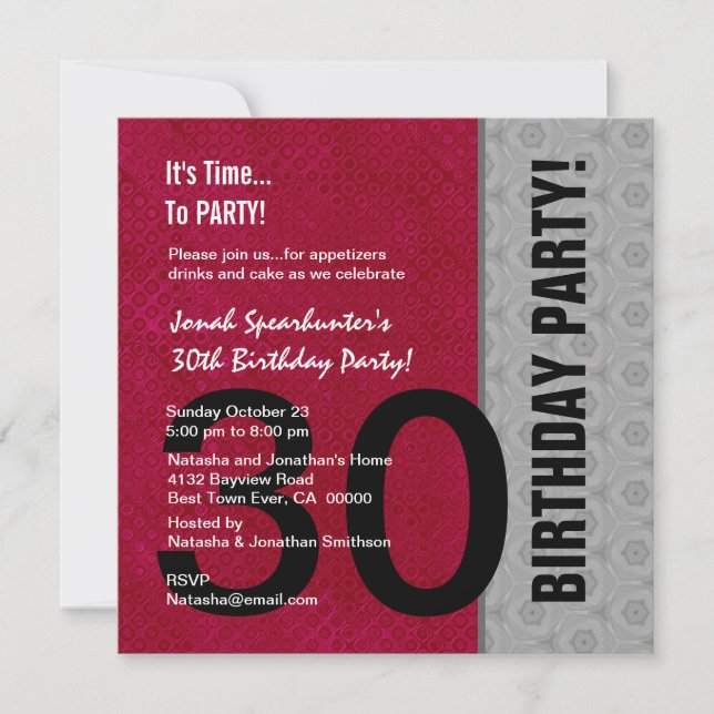 Invitación 30.º cumpleaños Moderno Plata Roja Negro W1480 (Anverso)