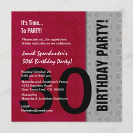 Invitación 30.º cumpleaños Moderno Plata Roja Negro W1480