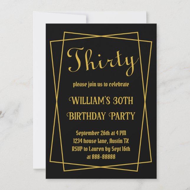 Invitación 30.º cumpleaños moderno simple negro y dorado míni (Anverso)