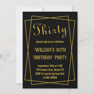 Invitación 30.º cumpleaños moderno simple negro y dorado míni