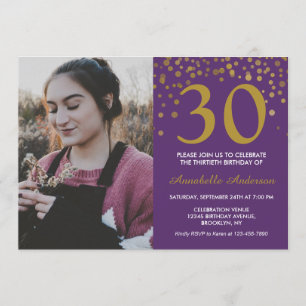 Invitación 30.º cumpleaños Morple Gold Confetti Foto moderna