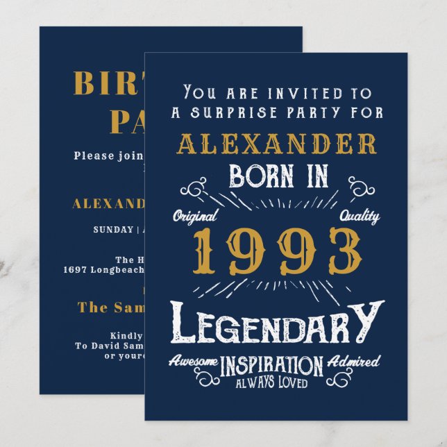 Invitación 30.º cumpleaños Nacido en 1993 Leyenda retro de or (Anverso / Reverso)