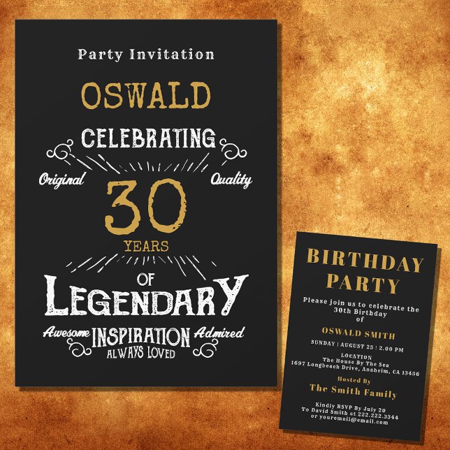 Invitación 30.º cumpleaños Nacido legendario Black Gold Retro (For those celebrating their 30th birthday we have the ideal birthday party invitation)