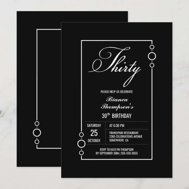 Invitación 30.º cumpleaños negro con Fiesta de marco blanco (Anverso / Reverso)