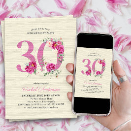 Invitación 30.º cumpleaños número 30 de flores de peonía rosa