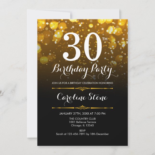Invitación 30.º cumpleaños - Oro blanco negro (Anverso)