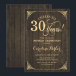 Invitación 30.º cumpleaños - Oro de Madera Rústica<br><div class="desc">30.ª Invitación de cumpleaños. Elegante diseño rústico vintage con estampado de madera marrón oscura y oro falso. Caracteriza el tipo de letra del guión. ¡Salud a 30 años! ¡Se puede personalizar en cualquier edad! Mándame un mensaje si necesitas más personalización.</div>
