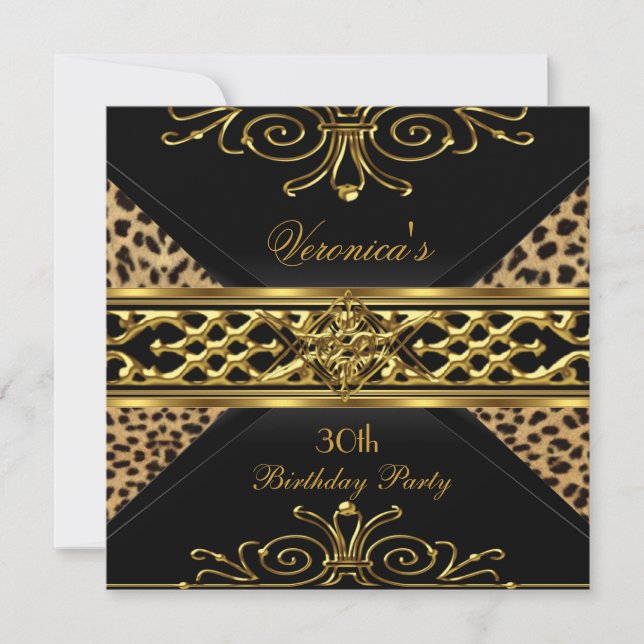 Invitación 30.º cumpleaños Oro Negro Oro Art Deco Leopard (Anverso)
