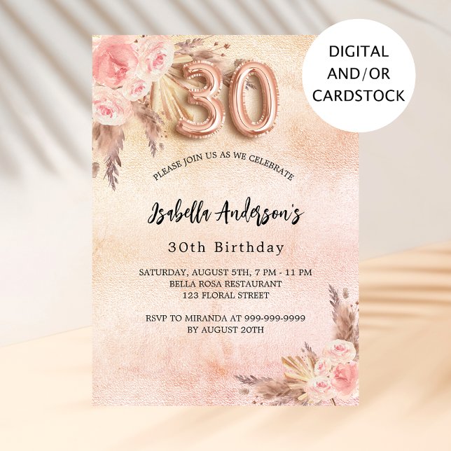 Invitación 30.º cumpleaños pampas flor de oro rosa (Subido por el creador)