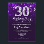 Invitación 30.º cumpleaños - Plata morada<br><div class="desc">30.ª Invitación de cumpleaños. Elegante diseño blanco morado con una falsa plata purpurina. Cumpleaños de adultos. Presenta diamantes y tipos de letra de guión. invitaciones de cumpleaños de hombres o mujeres. Perfecto para una elegante fiesta de cumpleaños. Mándame un mensaje si necesitas más personalización.</div>