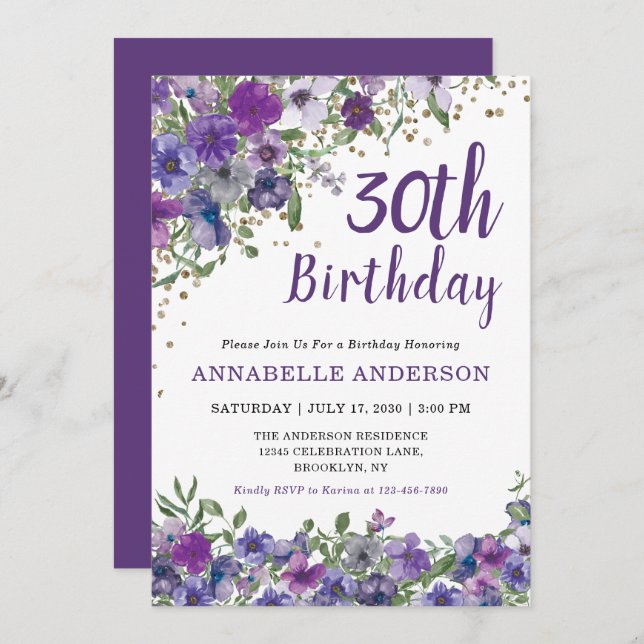 Invitación 30.º Cumpleaños Púrpura Floral Oro Dots (Anverso / Reverso)