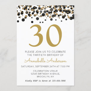 Invitación 30.º cumpleaños Purpurina de oro negro Sparkle Con