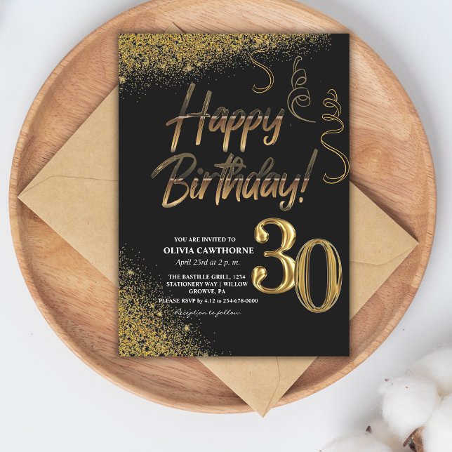 Invitación 30.º cumpleaños Purpurina de oro y negro (Subido por el creador)