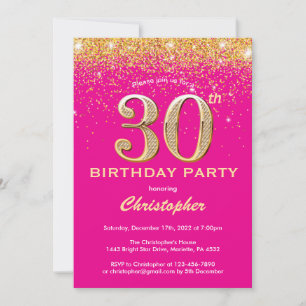 Invitación 30.º cumpleaños Purpurina de oro y rosado caliente
