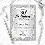 Invitación 30.º cumpleaños - Rayas blancas de rayas plateadas<br><div class="desc">30.ª Invitación de cumpleaños. Elegante diseño floral en blanco y plateado. Presenta rayas plateadas purpurinas falsas,  letra de guión elegante de rosas blancas y confeti. Perfecto para una fiesta de cumpleaños glam.</div>