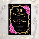 Invitación 30.º cumpleaños - Rosa de oro negro<br><div class="desc">Invitación rústica de cumpleaños número 30. Elegante diseño de oro negro y rosa. Presenta una fuente de escritura elegante,  rosas rosas rosas rosas,  oro falso purpurina y confeti. Perfecto para una fiesta de cumpleaños glam. Personalizar con sus propios detalles.</div>