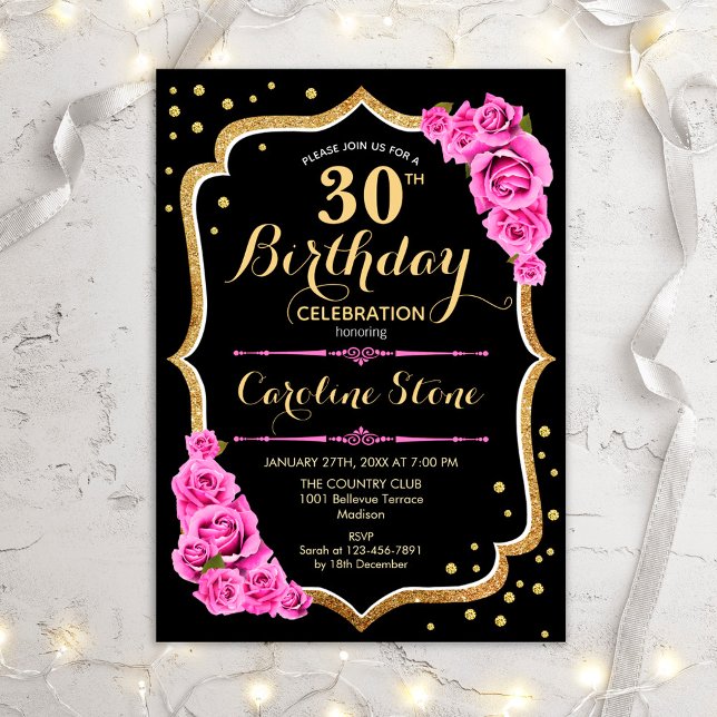 Invitación 30.º cumpleaños - Rosa de oro negro (Subido por el creador)