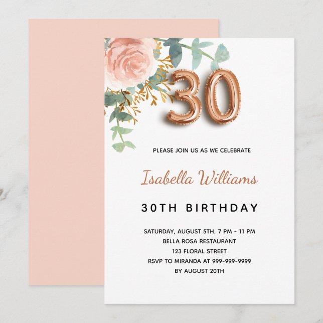 Invitación 30.º cumpleaños rosa floral oro eucalipto verde (Anverso / Reverso)