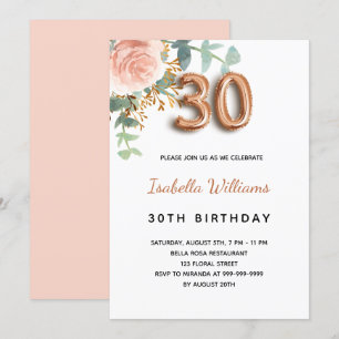 Invitación 30.º cumpleaños rosa floral oro eucalipto verde