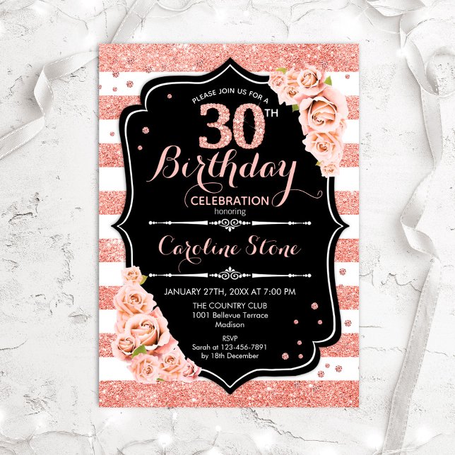 Invitación 30.º cumpleaños Rosa negro de oro y franjas blanca (Subido por el creador)