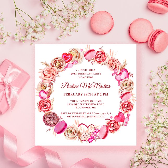 Invitación 30.º cumpleaños Rosa Rosa Swirly Heart Valentine (Subido por el creador)