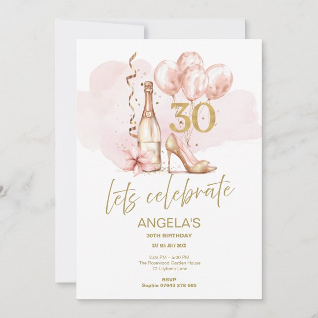Invitación 30.º cumpleaños Rosado y Oro, Champagne y Heels (Anverso)