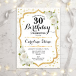 Invitación 30.º cumpleaños - Rosas blancas de oro<br><div class="desc">Elegante Invitación de cumpleaños número 30. Diseño elegante en blanco y dorado. Cuenta con rosas blancas,  patrón de damasco y confetti falso purpurina. Perfecto para una fiesta de cumpleaños blanca. Se puede personalizar para mostrar cualquier edad. Mándame un mensaje si necesitas más personalización.</div>