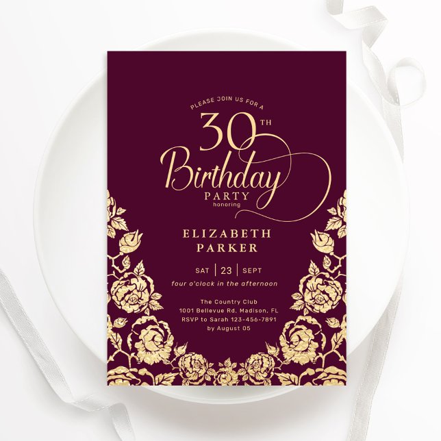 Invitación 30.º cumpleaños Rosas de oro de Borgoña (Subido por el creador)