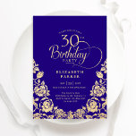 Invitación 30.º cumpleaños Rosas de oro morado<br><div class="desc">Elegante y púrpura de oro para 30 años de fiesta. Diseño elegante con rosas, Relieve metalizado de oro falso y tipo de letra de guión de tipografía. La carta de invitación a la moda es perfecta para una elegante celebración de cumpleaños femenina. Personaliza con tus propios detalles. Se puede personalizar...</div>