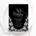 Invitación 30.º cumpleaños Rosas de plata negra<br><div class="desc">Elegante invitación de fiesta de cumpleaños 30 en plata negra. Diseño elegante con rosas, Relieve metalizado falso plateado y tipo de letra de guión tipográfico. La carta de invitación a la moda es perfecta para una elegante celebración de cumpleaños femenina. Personaliza con tus propios detalles. Se puede personalizar a cualquier...</div>