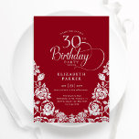 Invitación 30.º cumpleaños Rosas de Plata Roja<br><div class="desc">Elegante invitación de fiesta de cumpleaños 30 de plata roja. Diseño elegante con rosas, Relieve metalizado falso plateado y tipo de letra de guión tipográfico. La carta de invitación a la moda es perfecta para una elegante celebración de cumpleaños femenina. Personaliza con tus propios detalles. Se puede personalizar a cualquier...</div>