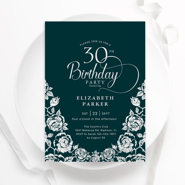 Invitación 30.º cumpleaños Rosas de plata verde esmeralda (Subido por el creador)