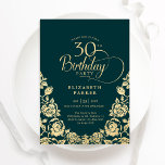 Invitación 30.º cumpleaños Rosas del oro verde esmeralda<br><div class="desc">Elegante invitación de fiesta de cumpleaños número 30 de oro verde esmeralda. Diseño elegante con rosas, Relieve metalizado de oro falso y tipo de letra de guión de tipografía. La carta de invitación a la moda es perfecta para una elegante celebración de cumpleaños femenina. Personaliza con tus propios detalles. Se...</div>
