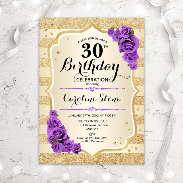 Invitación 30.º cumpleaños - Rosas morados de bandas de oro (Subido por el creador)