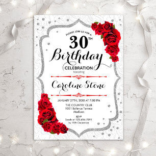 Invitación 30.º cumpleaños - Rosas rojas blancas de plata
