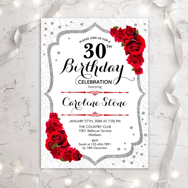 Invitación 30.º cumpleaños - Rosas rojas blancas de plata (Subido por el creador)