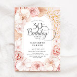 Invitación 30.º cumpleaños Rubor Floral<br><div class="desc">Invitación a la fiesta de cumpleaños número 30 de la floral acuarela. Hermoso diseño femenino elegante con acentos botánicos tropicales pintados a mano y follaje dorado. Presenta delicadas orquídeas de acuarela, rosas, peonías, hojas de plátano secas, pasto de pampas y fuente tipográfica de moda. Puede seleccionar invitaciones impresas y/o una...</div>