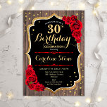 Invitación 30.º cumpleaños - Rústicas rosas rojas de madera<br><div class="desc">Invitación rústica de cumpleaños número 30. Diseño elegante con motivos de madera marrón oscura,  rosas rojas y oro purpurina falso. Presenta el tipo de letra del guión y el perfil. Perfecto para una elegante fiesta de cumpleaños. Personalizar con sus propios detalles.</div>