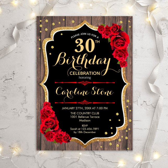Invitación 30.º cumpleaños - Rústicas rosas rojas de madera (Subido por el creador)
