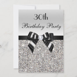 Invitación 30.º cumpleaños Silver Sequin Black Bow Diamond